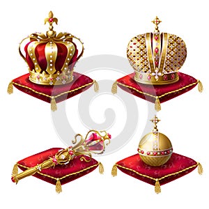 Royal crowns, scepter and orb realistic set photo