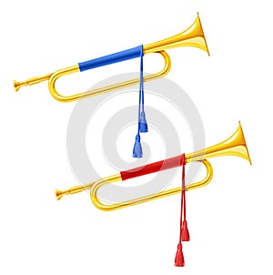 Golden royal horn trumpet with blue and red pompon. Musical instrument for king orchestra.