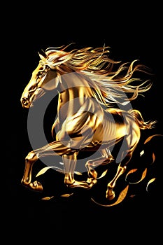 Golden running horse logo illustration on black background. Emblem, icon for company or sport team branding