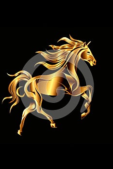 Golden running horse logo illustration on black background. Emblem, icon for company or sport team branding