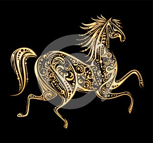 Golden running horse made by floral elements on black background