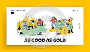 Golden Rush and Gold-washing Landing Page Template. Prospector Characters Panning for Nuggets in Stream