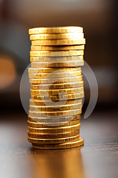 Golden russian ruble coins pile. Russian currency