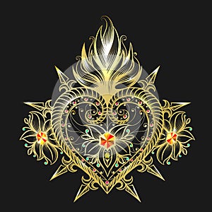 Golden Sacred Heart Symbol Isolated on Black