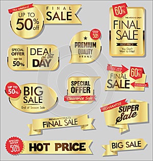 Golden sale banners and special offer tags collection