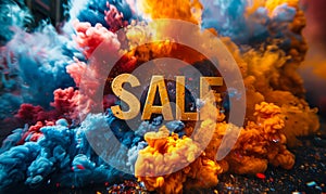 Golden SALE text bursting through vibrant multicolored smoke, conceptually illustrating explosive discounts, hot deals, and