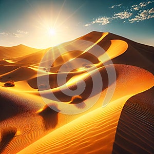 Golden Sand Dunes with Sunlit Patterns Under a Clear Sky AI-GENERATED