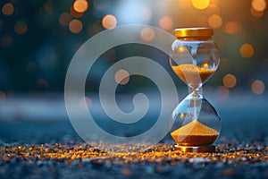 Golden sand hourglass on twilight backdrop. Time passing concept, urgency