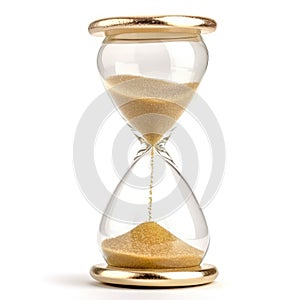 Golden sand hourglass on white background, symbol of time running out. Countdown to deadline, time management and urgency concept