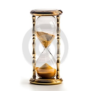 Golden sand hourglass on white background, symbol of time running out. Countdown to deadline, time management and urgency concept