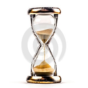 Golden sand hourglass on white background, symbol of time running out. Countdown to deadline, time management and urgency concept