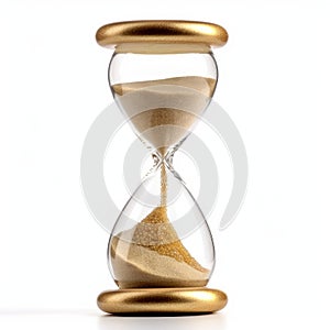 Golden sand hourglass on white background, symbol of time running out. Countdown to deadline, time management and urgency concept