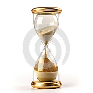 Golden sand hourglass on white background, symbol of time running out. Countdown to deadline, time management and urgency concept