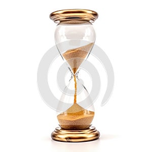 Golden sand hourglass on white background, symbol of time running out. Countdown to deadline, time management and urgency concept