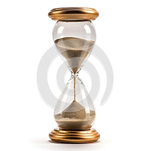 Golden sand hourglass on white background, symbol of time running out. Countdown to deadline, time management and urgency concept