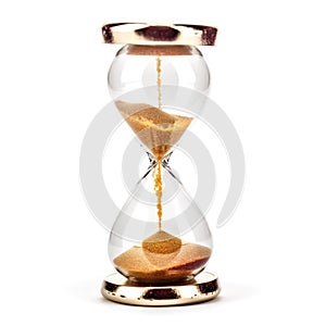 Golden sand hourglass on white background, symbol of time running out. Countdown to deadline, time management and urgency concept