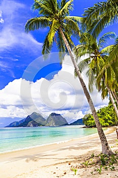 Golden sand,turquoise sea,palm trees and mountains,El nido,Palawan,Philippines.
