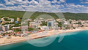 GOLDEN SANDS BEACH, VARNA, BULGARIA - MAY 19, 2017. Aerial view of the beach and hotels in Golden Sands, Zlatni Piasaci. Popular s