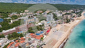 GOLDEN SANDS BEACH, VARNA, BULGARIA - MAY 19, 2017. Aerial view of the beach and hotels in Golden Sands, Zlatni Piasaci. Popular s