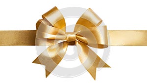 Golden satin gift bow isolated on white front view