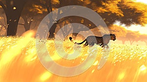 Golden savannah landscape with a solitary leopard photo