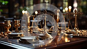 Golden scales in the courtroom for court hearings, the concept of justice