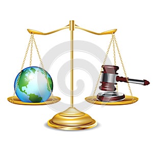 Golden scales with earth globe and gavel