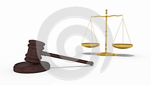 Golden scales of justice, gavel and books isolated on white. 3d rendering