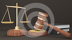 Golden Scales of Justice with Judgment Hammer and Law Books,fair judgment under the law,court to judge