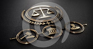 Golden Scales of Justice and Legal Icons: symbolizing Law and Order. Legal System concept