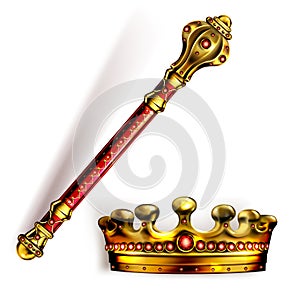Golden scepter and crown for king or queen vector photo