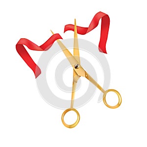Golden scissors cut the red ribbon. The Symbol of the Grand Opening Event. Vector Object. Design Element.