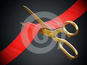 Golden scissors cutting red ribbon. 3D illustration