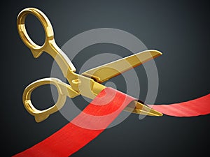 Golden scissors cutting red ribbon. 3D illustration