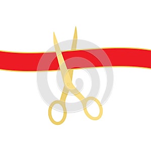 Golden scissors cutting red ribbon isolated on white background. Vector illustration.