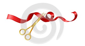 Golden scissors cutting red ribbon vector icon