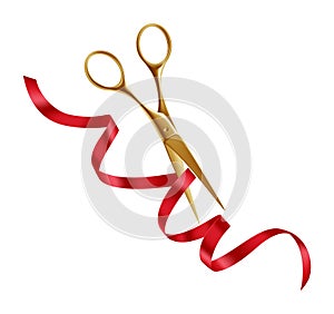 Golden Scissors and Red Ribbon. Grand Opening Ceremony