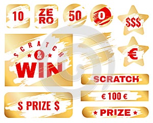 Golden scratch card. Lottery cover for instant win game prize. Winning or lose chance, luck coupon, ripped effect marks