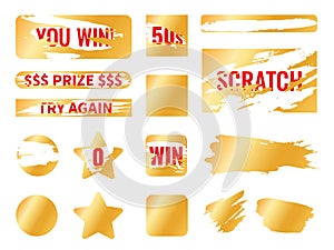 Golden scratch card. Lottery tickets protective layers, different shapes surfaces for erasing, gambling card, instant