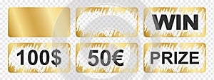 Golden scratch card surfaces with new and scraped textures with Win, Prize and money winning text. Set of of winner
