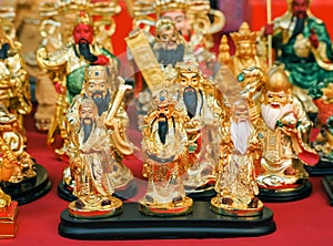 Golden Sculpture of Three Chinese Gods Fu Lu Shou. Hock Lok Siew