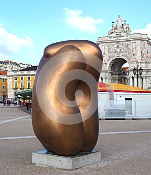 Golden Sculpture by Tony Cragg named Integers at Praca do Comercio in Lisbon Portugal