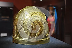 Golden Scythian helmet, archeology, golden ancient artifacts, Museum of jewelry of Ukraine, Kiev