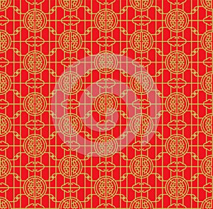 Golden seamless Chinese window tracery lattice geometry round pattern background.