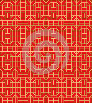 Golden seamless Chinese window tracery square geometry line pattern background.
