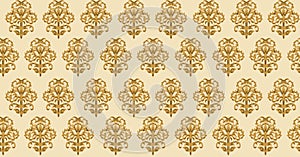 Golden seamless floral damask pattern on a yellow background in vector, wallpaper, fabric. Design element, vintage ornament