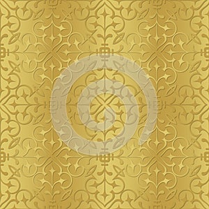 Golden seamless pattern with delicate embellishment, suitable as a background for graphic design or for printing packaging materia