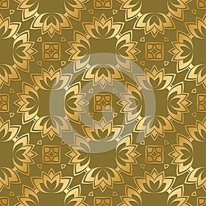 Golden seamless pattern with delicate embellishment, suitable as a background for graphic design or for printing packaging materia