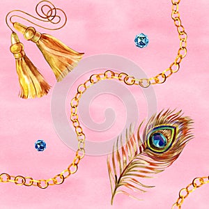 Golden seamless pattern set illustration. Watercolor hand drawn fashion texture with different gold chains, ropes