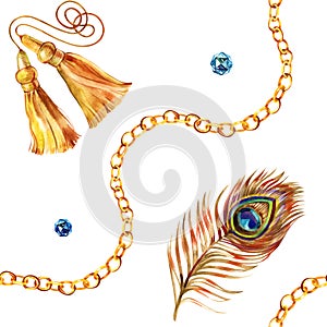 Golden seamless pattern set illustration. Watercolor hand drawn fashion texture with different gold chains, ropes